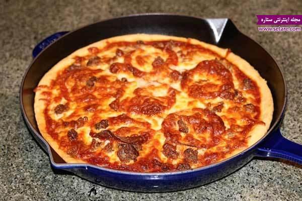 طرز تهیه پیتزا بدون فر (پیتزا گوشت و قارچ تابه ای)